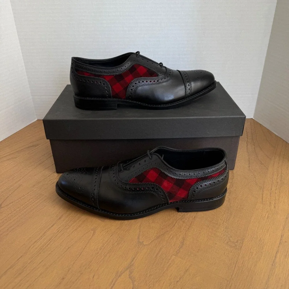 Allen Edmonds Strand Oxford Mens 9D Black Red Buffalo Plaid Leather Brogue 6177
